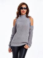 Choies Gray High Neck Cold Shoulder Ribbed Knit Sweater