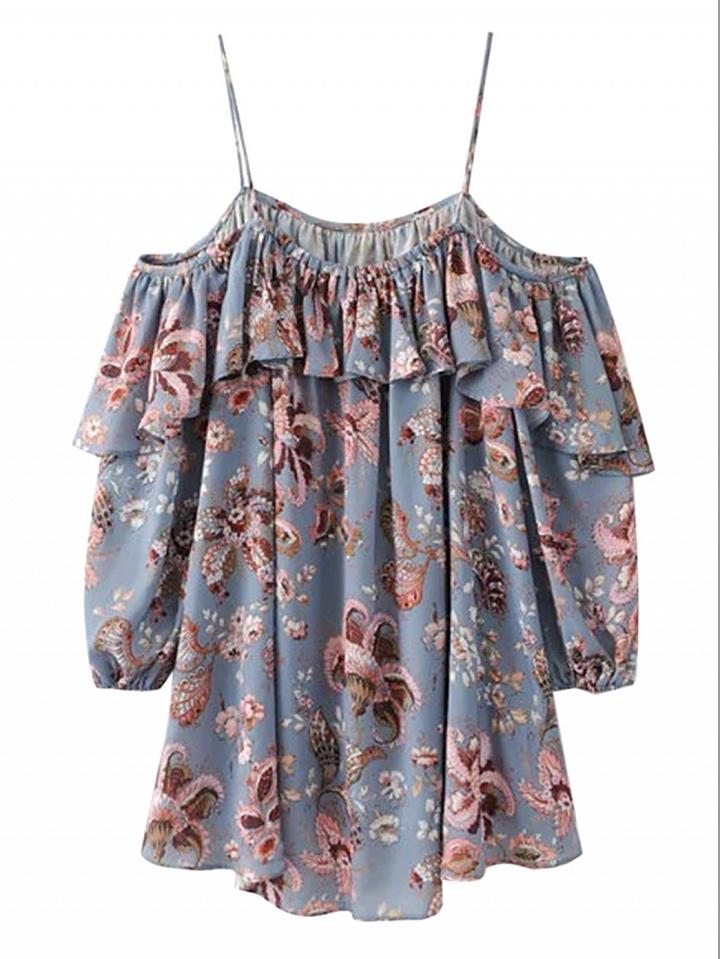 Choies Multicolor Cold Shoulder Ruffle Detail Spaghetti Strap Blouse