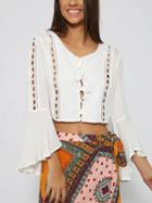 Choies White Lace Up Front Cut Out Trim Flare Sleeve Crop Blouse