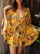 Choies Yellow V-neck Floral Batwing Sleeve Mini Dress