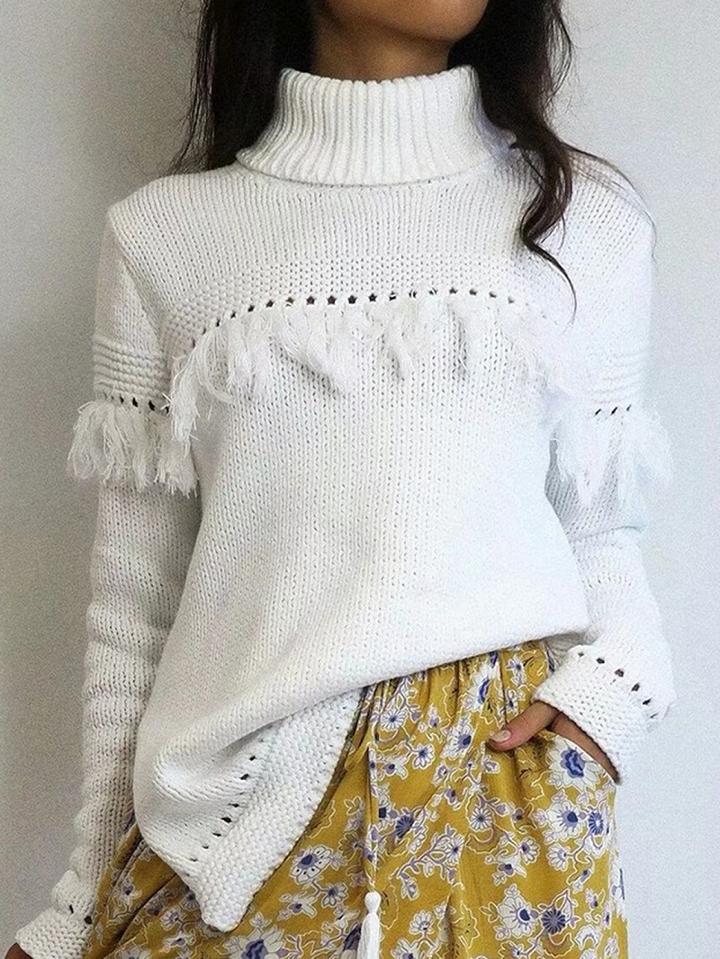 Choies White High Neck Tassel Trim Long Sleeve Chic Women Knit Sweater