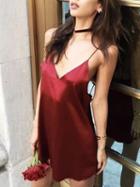 Choies Red Satin Look Spaghetti Strap Plunge Open Back Mini Dress