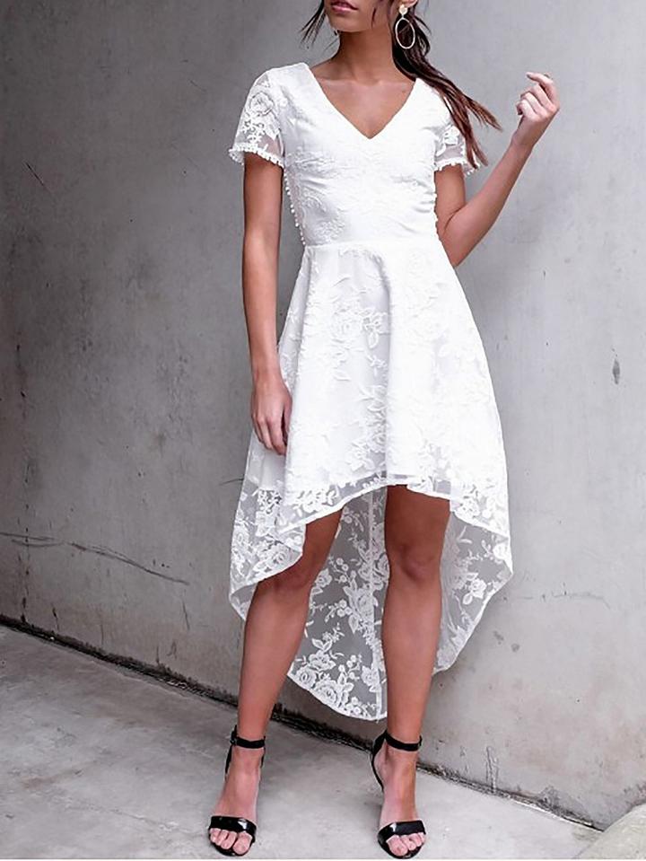 Choies White V Neck Strappy Back Hi Lo Hem Short Sleeve Lace Dress