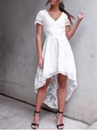 Choies White V Neck Strappy Back Hi Lo Hem Short Sleeve Lace Dress