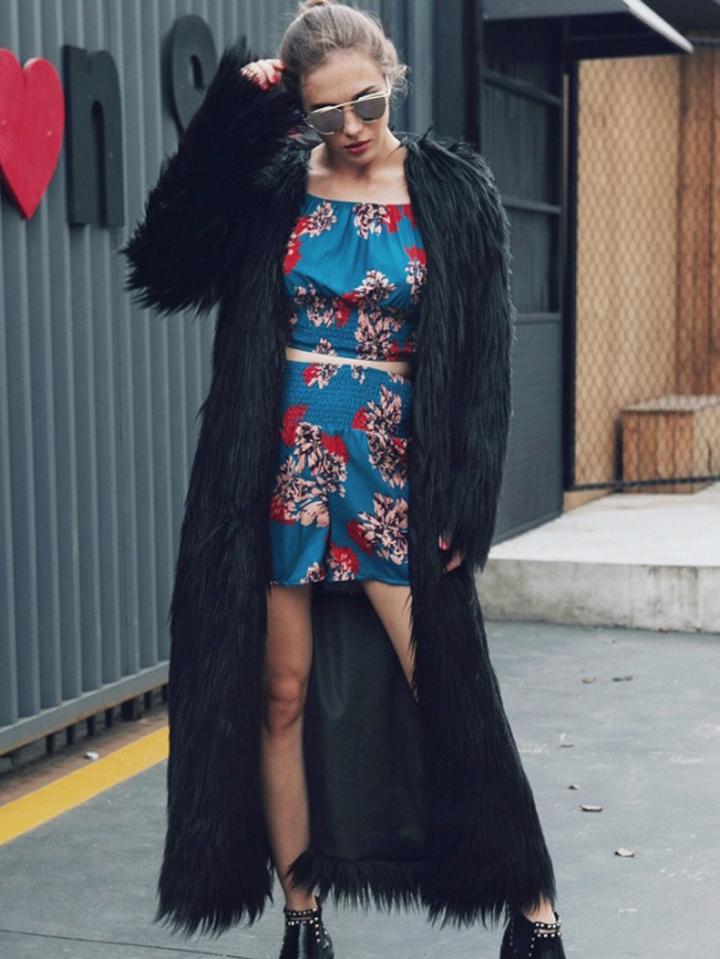 Choies Black Open Front Faux Fur Longline Coat