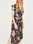 Choies Black Floral Print Ruffle Cuff Button Front Split Midi Dress