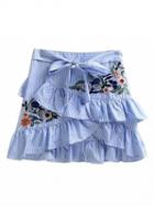 Choies Blue Stripe Embroidery Detail Ruffle Layered Skirt