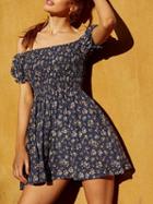 Choies Navy Blue Off Shoulder Floral Print Mini Dress