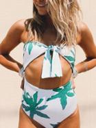 Choies White Nylon Bandeau Leaf Print Tie Front Chic Women Swimsuit