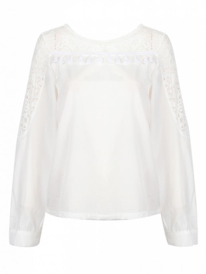 Choies White Sheer Lace Panel Ruffle Detail Long Sleeve Blouse