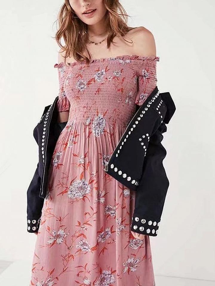 Choies Pink Chiffon Off Shoulder Floral Print Ruched Chic Women Midi Dress