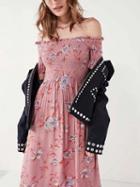 Choies Pink Chiffon Off Shoulder Floral Print Ruched Chic Women Midi Dress