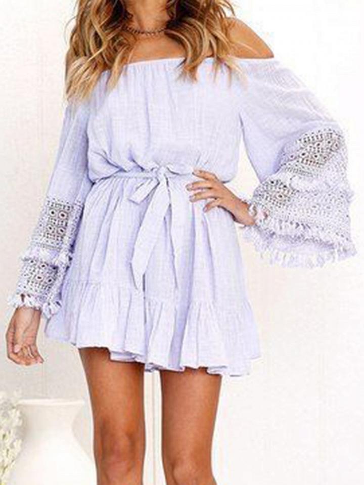 Choies Light Purple Off Shoulder Tie Waist Flare Sleeve Chic Women Mini Dress