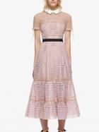 Choies Pink Contrast Collar Tucked Skirt Trimmed Lace Midi Dress