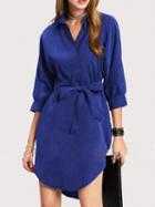 Choies Blue Lapel V-neck Tie Waist Mini Dress
