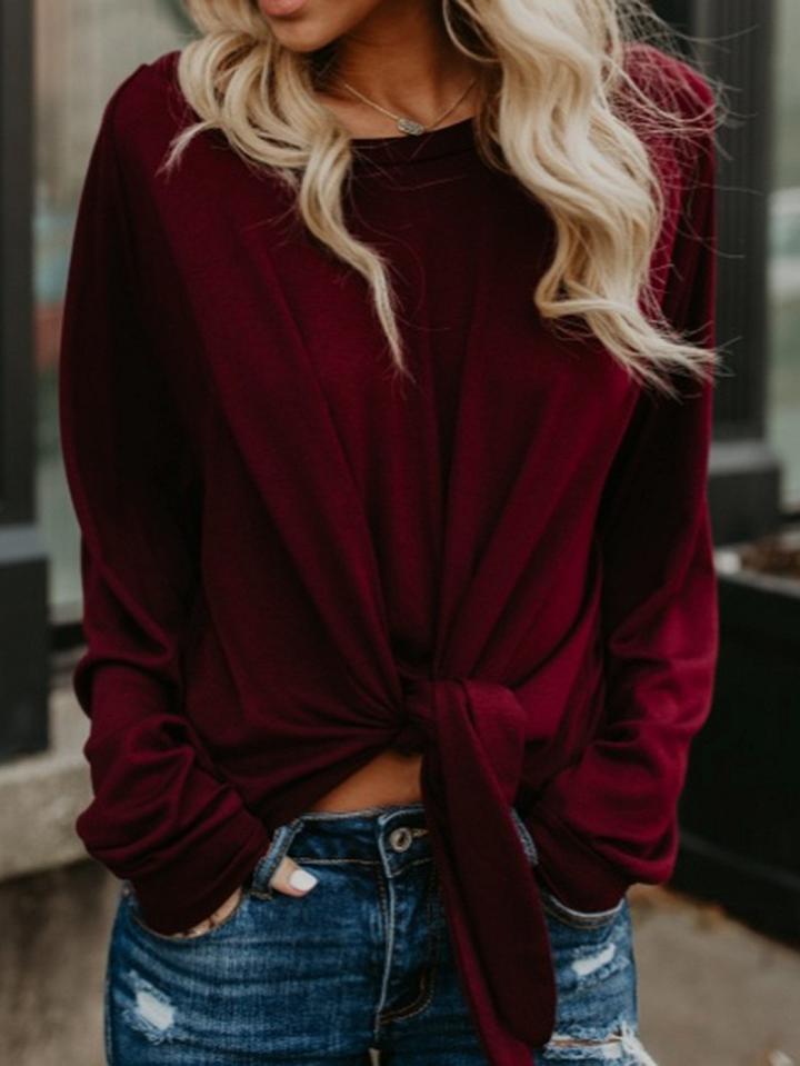 Choies Burgundy Cotton Cold Shoulder Tie Front Long Sleeve Chic Women T-shirt