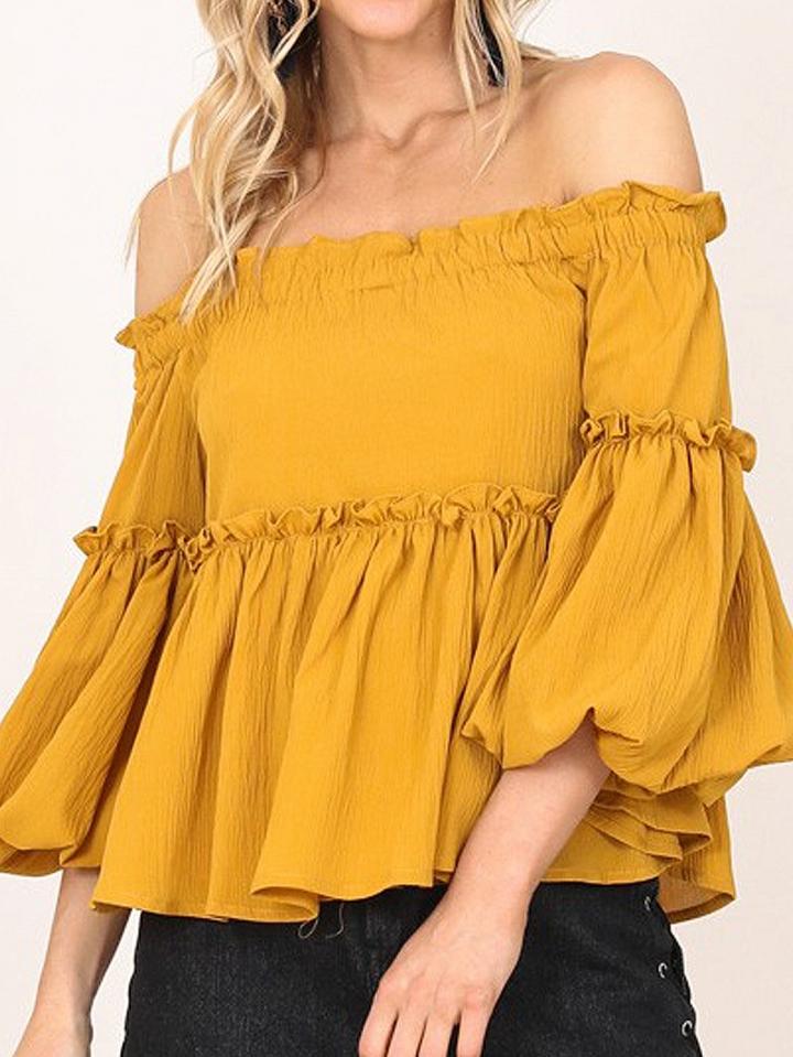 Choies Yellow Off Shoulder Ruffle Hem Puff Sleeve Top