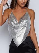 Choies Silver Halter Sequin Drape Front Backless Cami Top