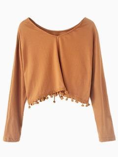 Choies Khaki Long Sleeve Cropped T-shirt With Tassels