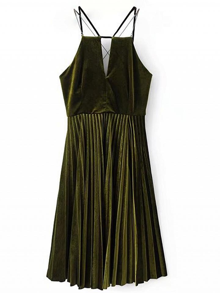 Choies Green Spaghetti Strap Open Back Velvet Pleated Dress