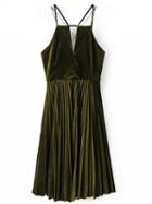 Choies Green Spaghetti Strap Open Back Velvet Pleated Dress