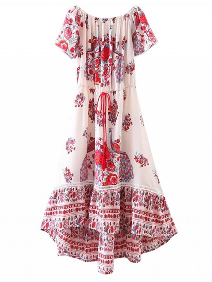 Choies Multicolor Off Shoulder Floral Dipped Hem Boho Maxi Dress