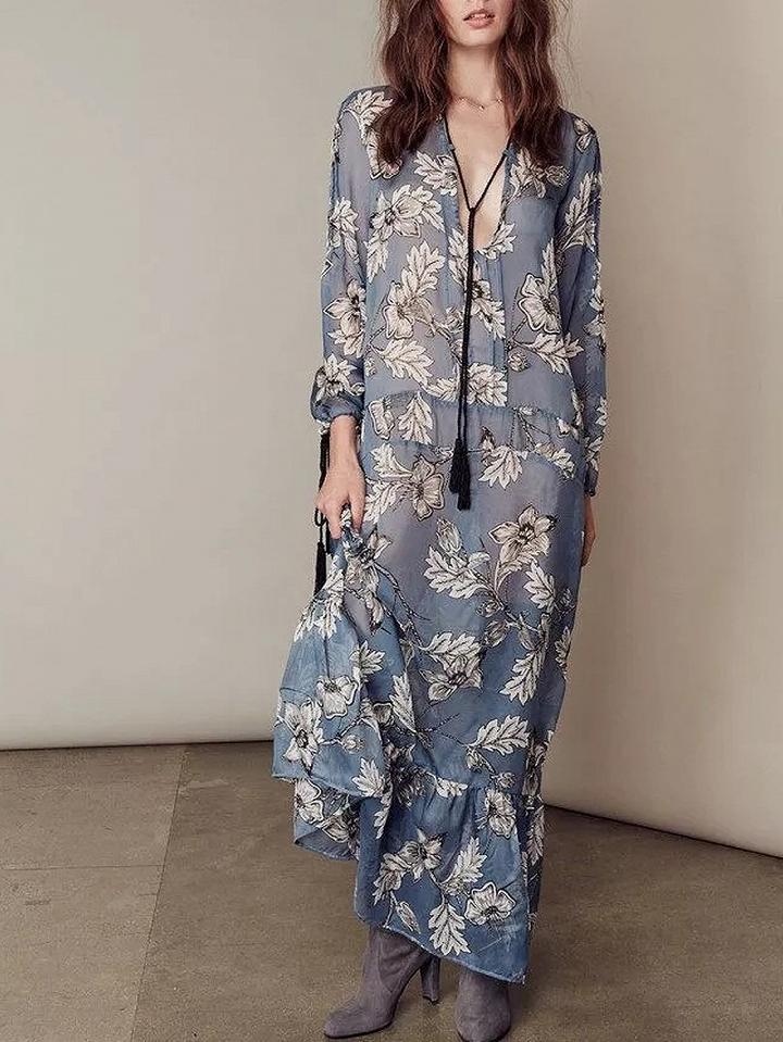Choies Blue Floral Plunge V-neck Ruffle Hem Long Sleeve Maxi Dress