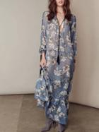 Choies Blue Floral Plunge V-neck Ruffle Hem Long Sleeve Maxi Dress