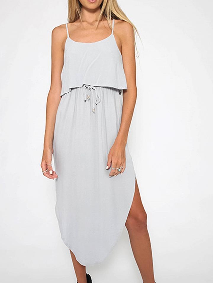 Choies Blue Cotton Drawstring Waist Open Back Chic Women Cami Midi Dress