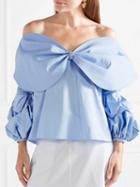 Choies Blue Off Shoulder Bow Front Ruched Puff Sleeve Blouse