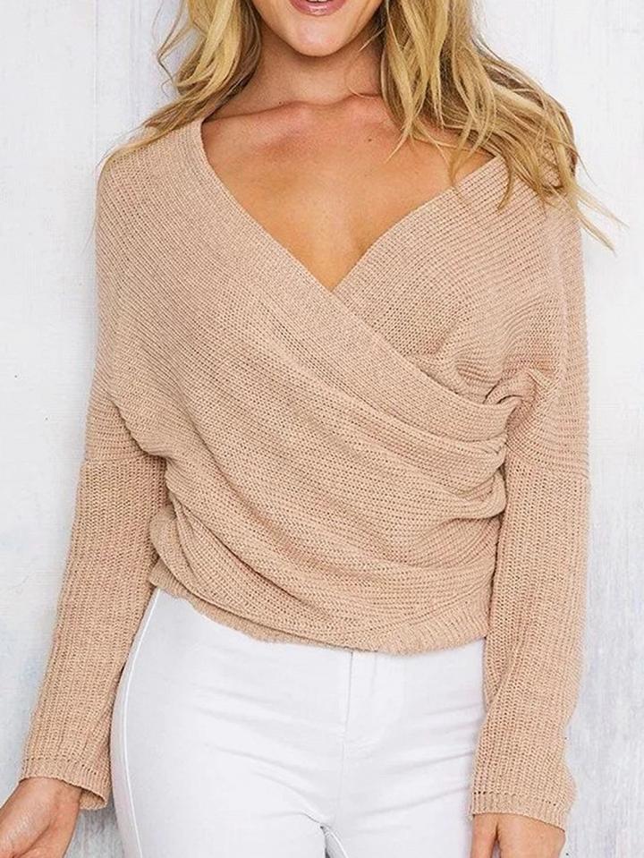Choies Khaki V-neck Long Sleeve Chic Women Knit Sweater