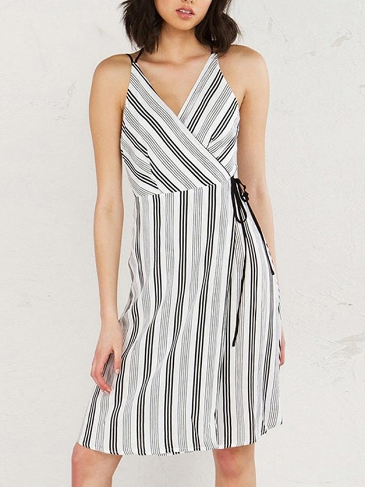 Choies Monochrome Stripe Tie Wrap Cross Back Cami Dress