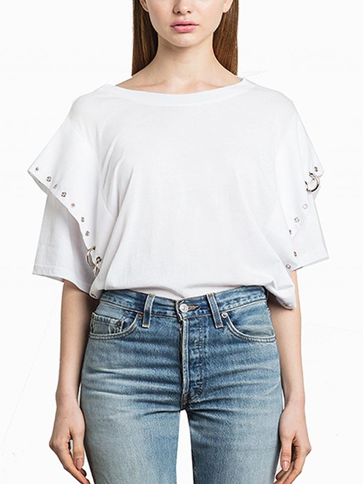 Choies White Round Neck Double Layer Cape Sleeve Eyelet Trim T-shirt