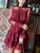 Choies Burgundy Sheer Mesh Panel Long Sleeve Lace Mini Dress