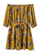 Choies Yellow Off Shoulder Floral Print Tie Waist Tunic Dress