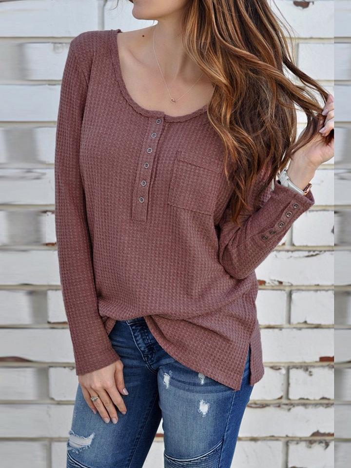 Choies Brown Cotton Blend Button Placket Front Long Sleeve Women Blouse