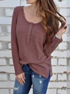 Choies Brown Cotton Blend Button Placket Front Long Sleeve Women Blouse