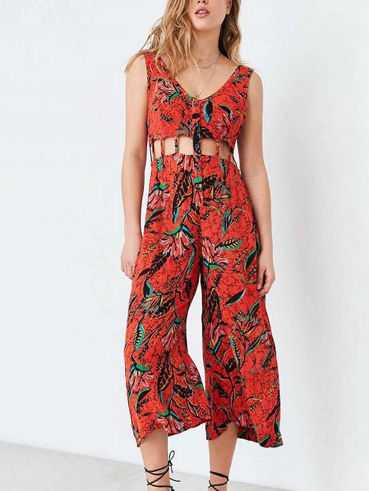 Choies Polychrome V-neck Floral Cut Out Wide Leg Jumpsuit