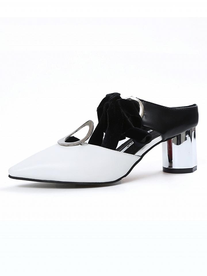 Choies White Color Block Bow Embellished Circle Detail Pointed Toe Shoes