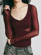 Choies Wine Red V Neck Sheer Mesh Panel Long Sleeve Tight T-shirt
