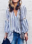 Choies Blue V-neck Cut Out Detail Long Sleeve Blouse