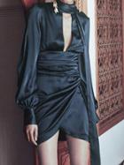Choies Dark Blue Halter Long Sleeve Chic Women Mini Dress