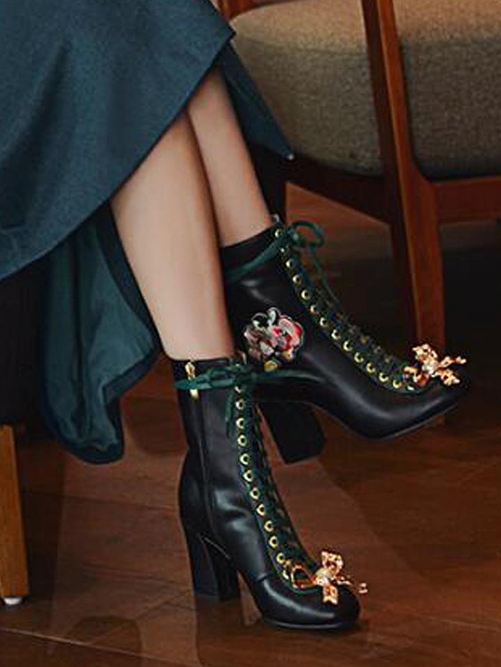 Choies Black Embroidery Bow Embellished Contrast Lace Up Heeled Boots