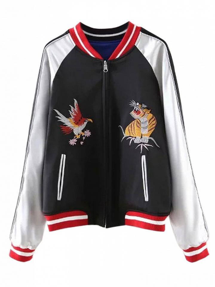 Choies Black Embroidery Zip Up Bomber Jacket