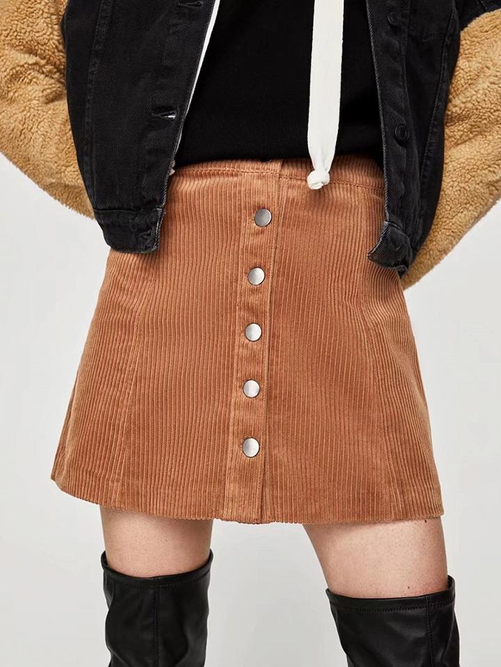 Choies Brown High Waist Button Placket Corduroy Mini Skirt