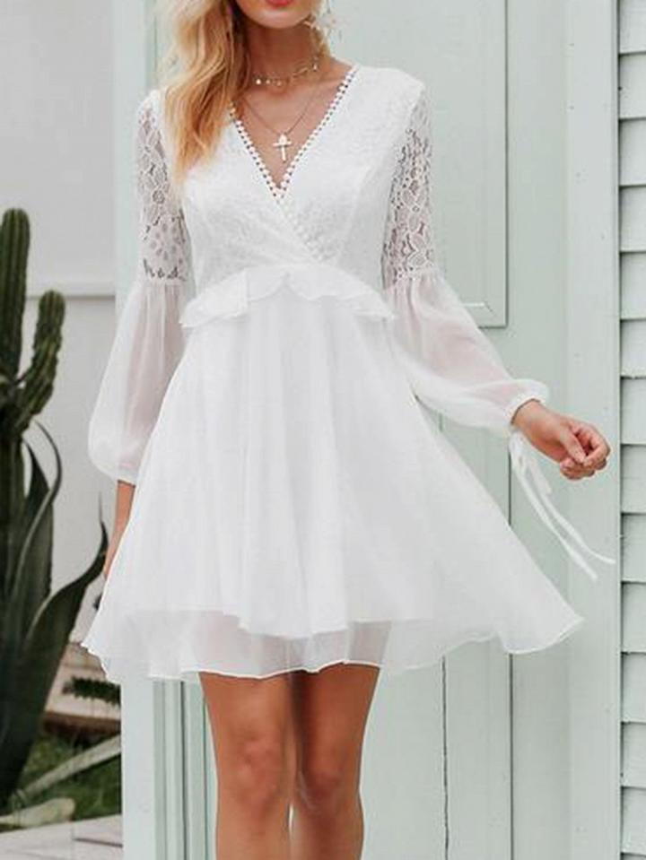 Choies White V-neck Lace Panel Flare Sleeve Chic Women Mini Dress