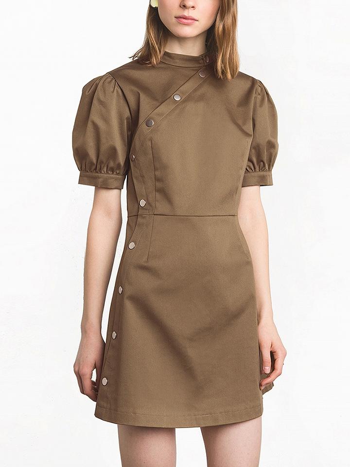 Choies Dark Khaki Puff Sleeve Curved Button Placket Wrap Dress