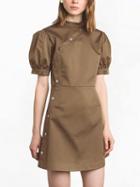 Choies Dark Khaki Puff Sleeve Curved Button Placket Wrap Dress
