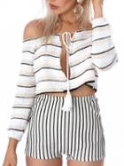 Choies Polychrome Stripe Off Shoulder Tie Detail Cropped Knit Jumper