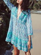 Choies Polychrome Plunge Folk Pattern Drawstring 3/4 Sleeve Mini Dress